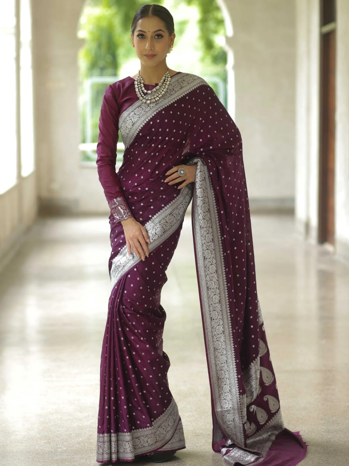 Elegant Wine Banarasi Saree with Silver Zari Border for Women