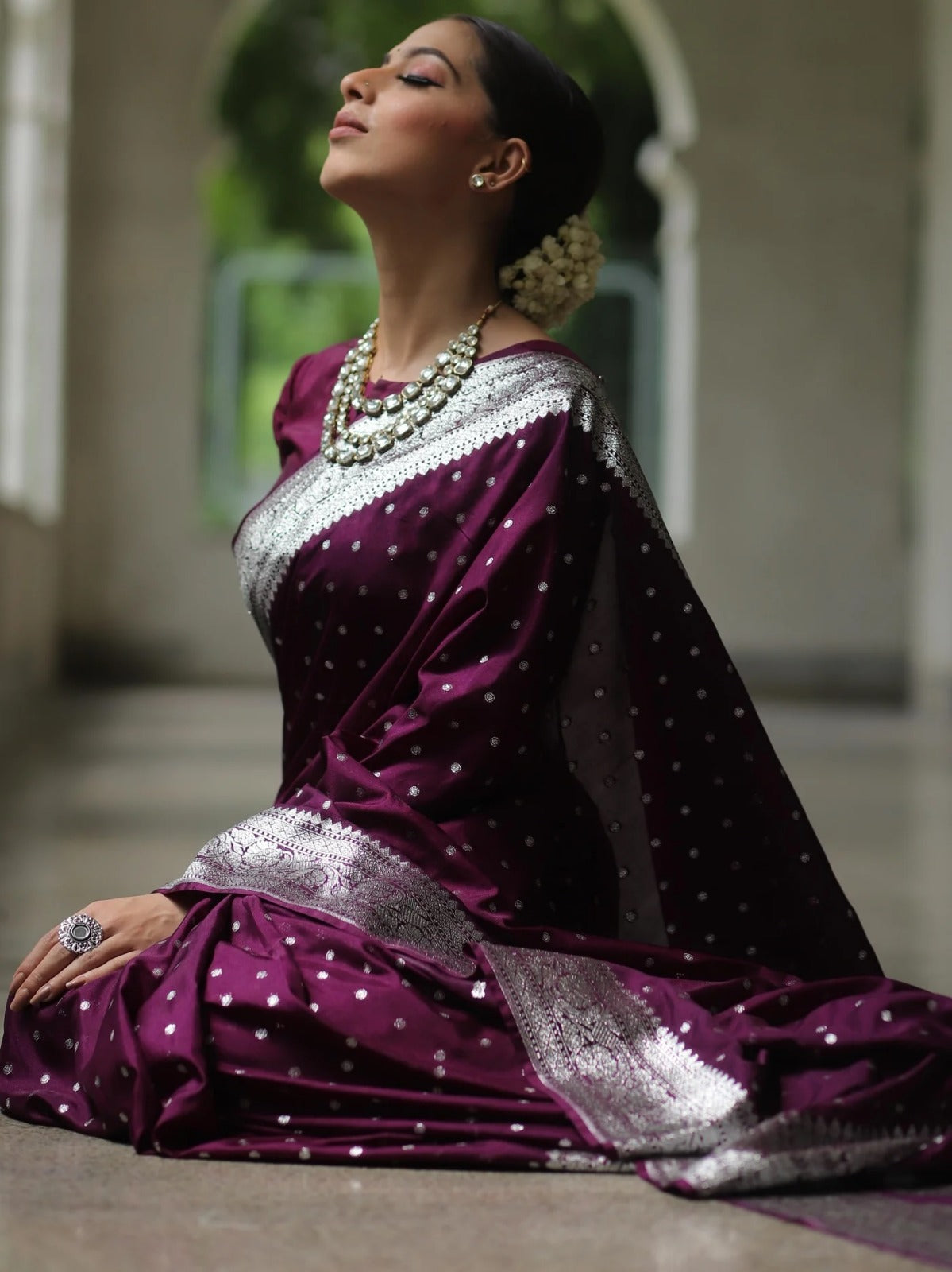 Elegant Wine Banarasi Saree with Silver Zari Border for Women