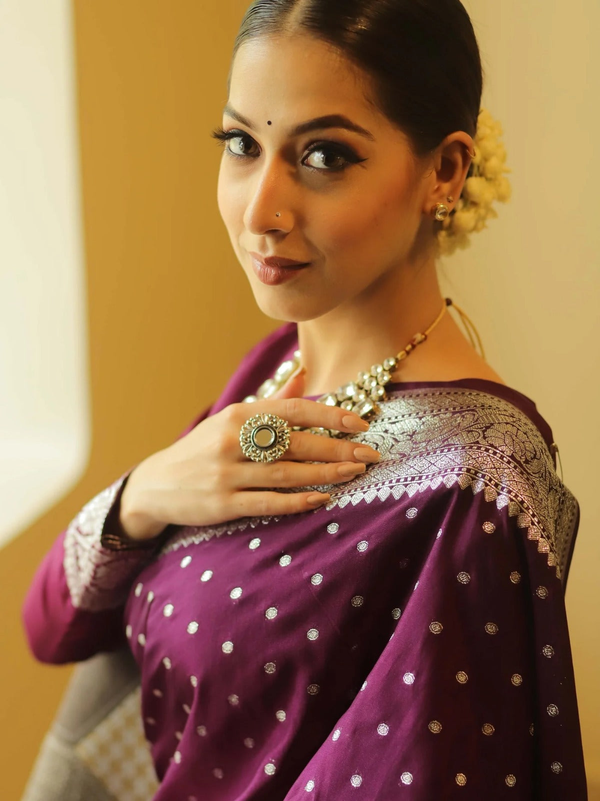 Elegant Wine Banarasi Saree with Silver Zari Border for Women