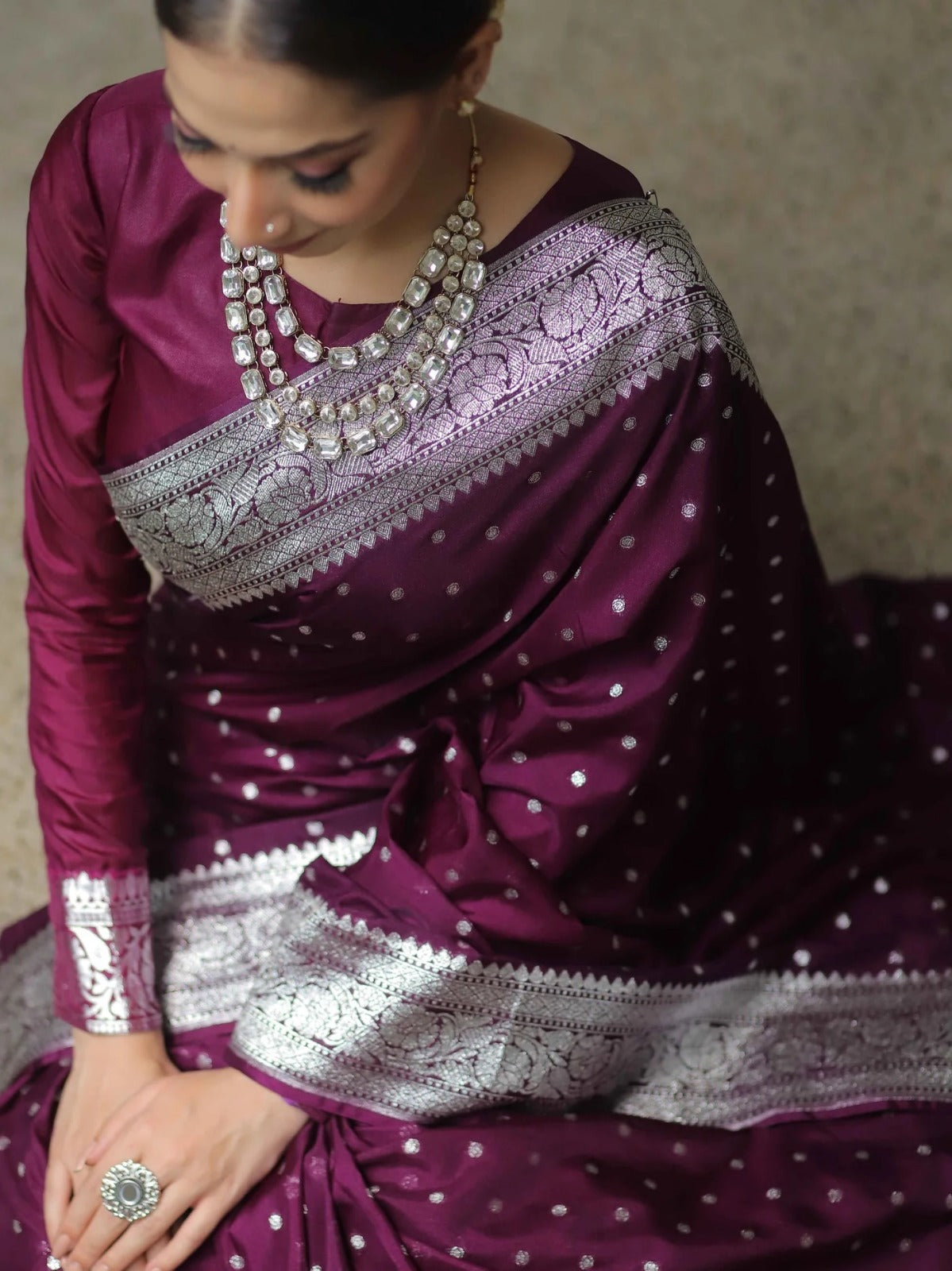 Elegant Wine Banarasi Saree with Silver Zari Border for Women