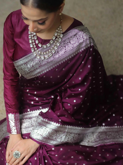 Elegant Wine Banarasi Saree with Silver Zari Border for Women