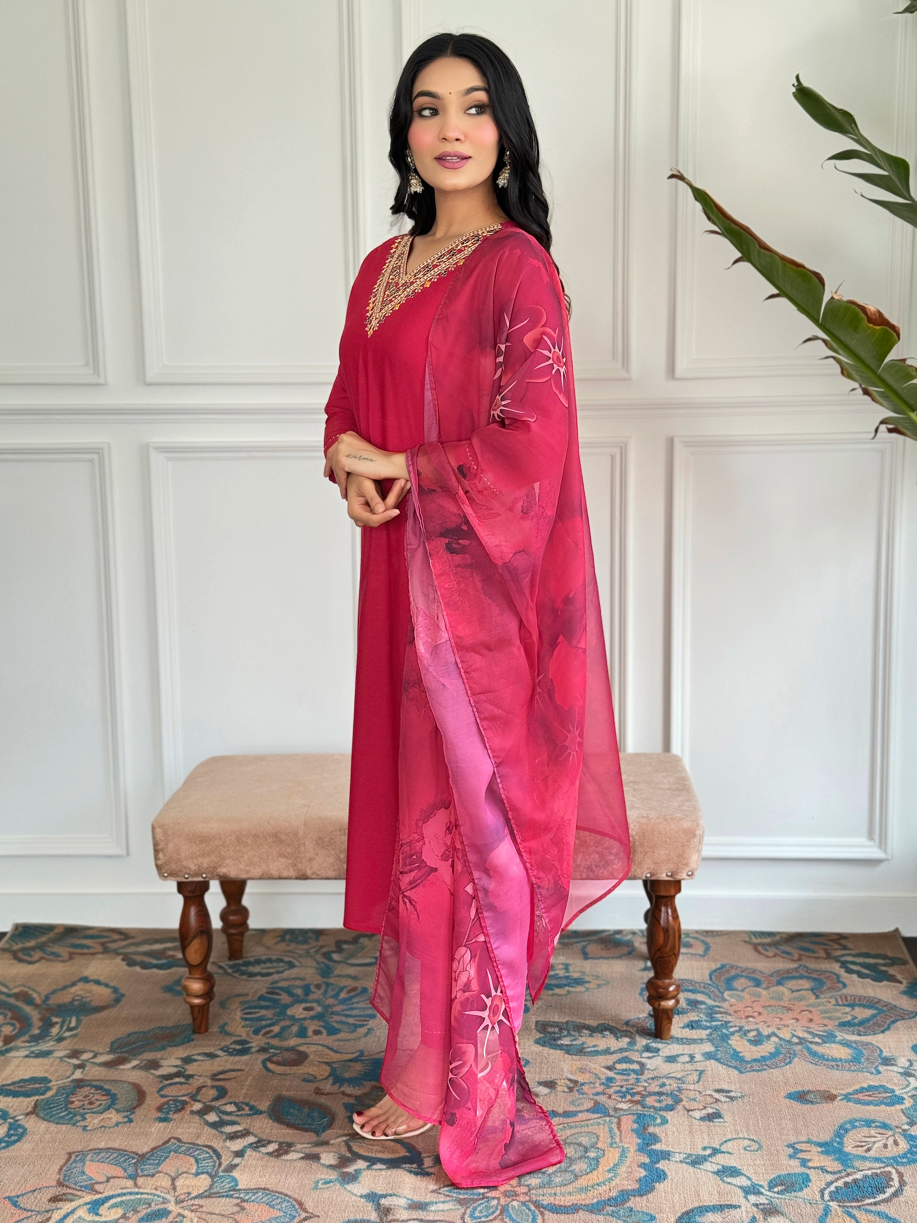 Wine Threadwork Salwar Suit with Silk Printed Dupatta