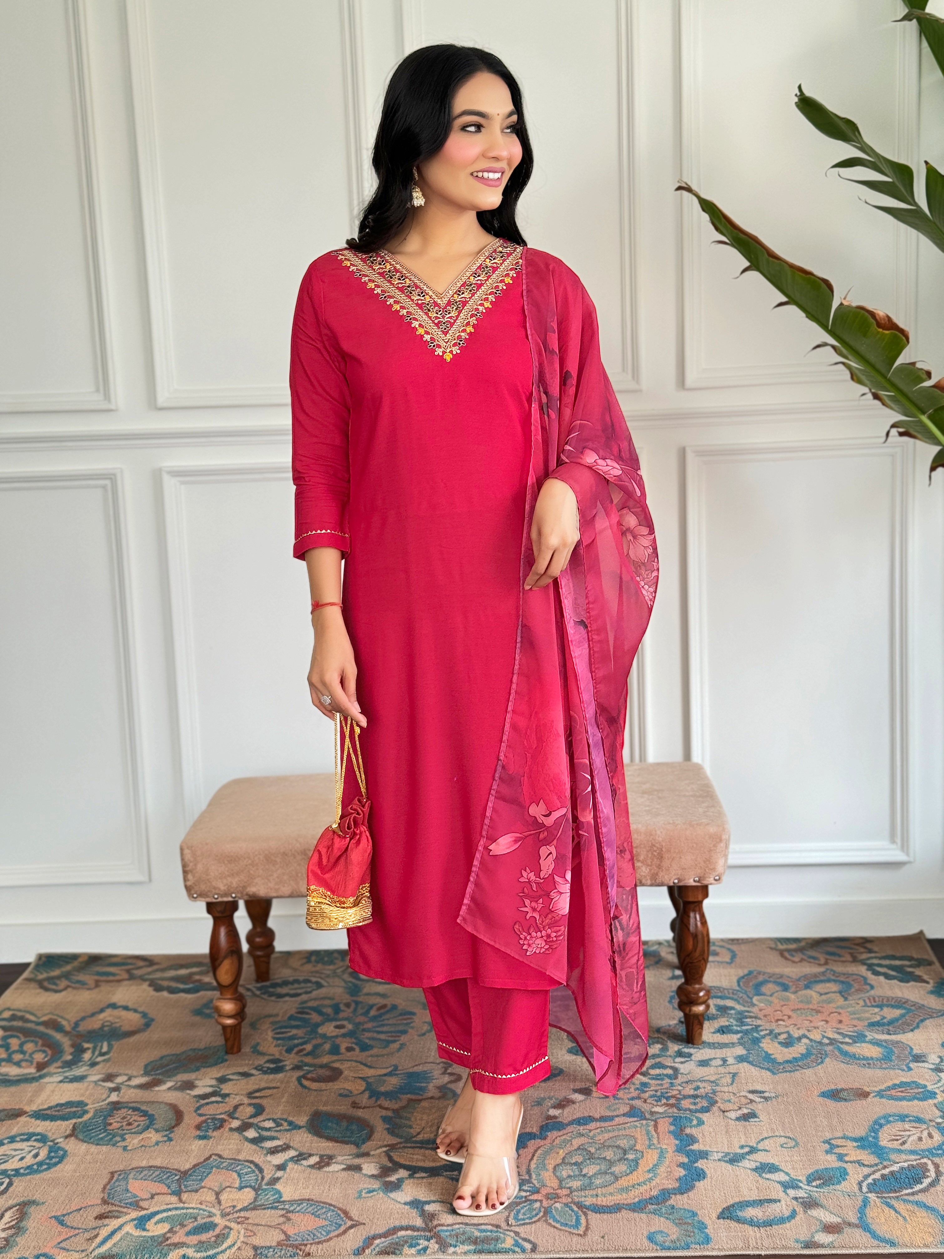 Wine Threadwork Salwar Suit with Silk Printed Dupatta