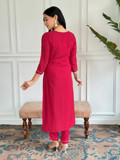 Wine Threadwork Salwar Suit with Silk Printed Dupatta for Women