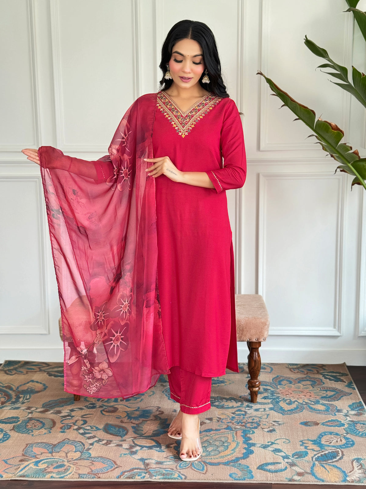 Wine Threadwork Salwar Suit with Silk Printed Dupatta for Women