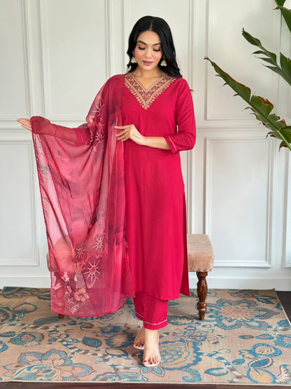 Wine Threadwork Salwar Suit with Silk Printed Dupatta for Women