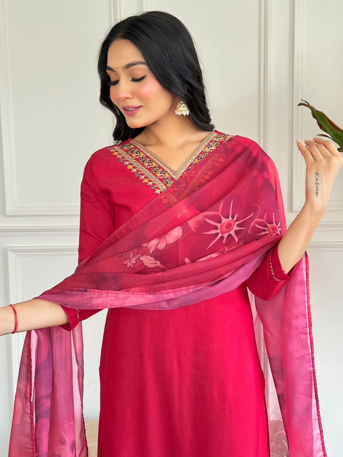 Wine Threadwork Salwar Suit with Silk Printed Dupatta for Women