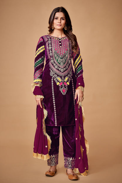Wine Velvet Embroidered Top and Pant Set with Georgette Dupatta