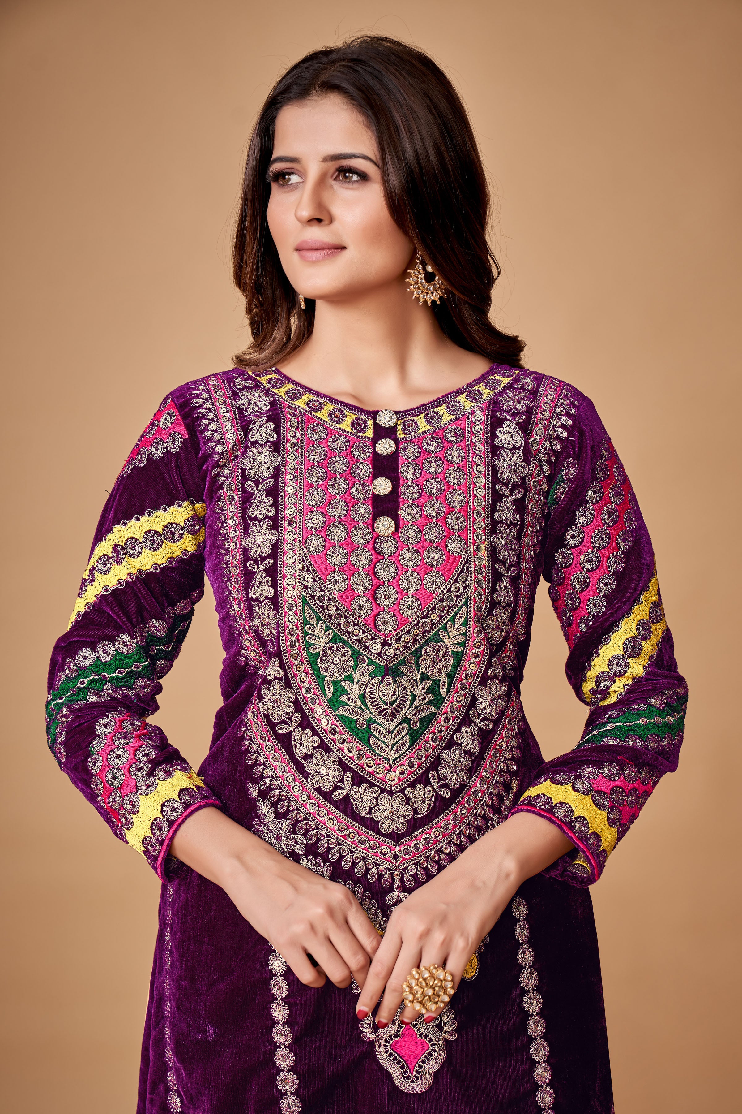 Wine Velvet Embroidered Top and Pant Set with Georgette Dupatta