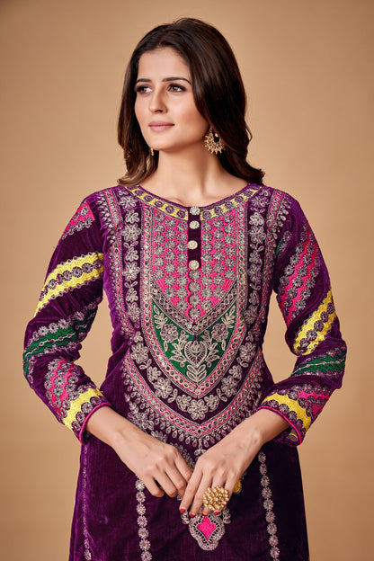 Wine Velvet Embroidered Top and Pant Set with Georgette Dupatta