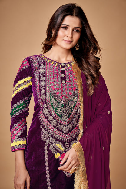 Wine Velvet Embroidered Top and Pant Set with Georgette Dupatta