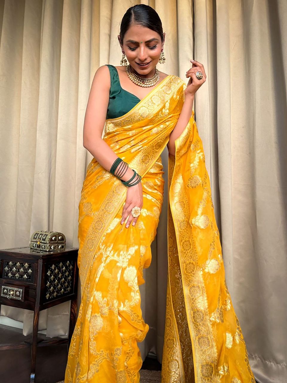 Yellow Banarasi Silk Saree With Rich Gold Zari Work for Women