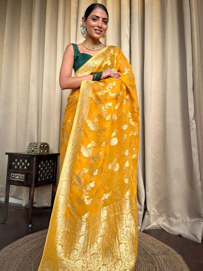 Yellow Banarasi Silk Saree With Rich Gold Zari Work for Women