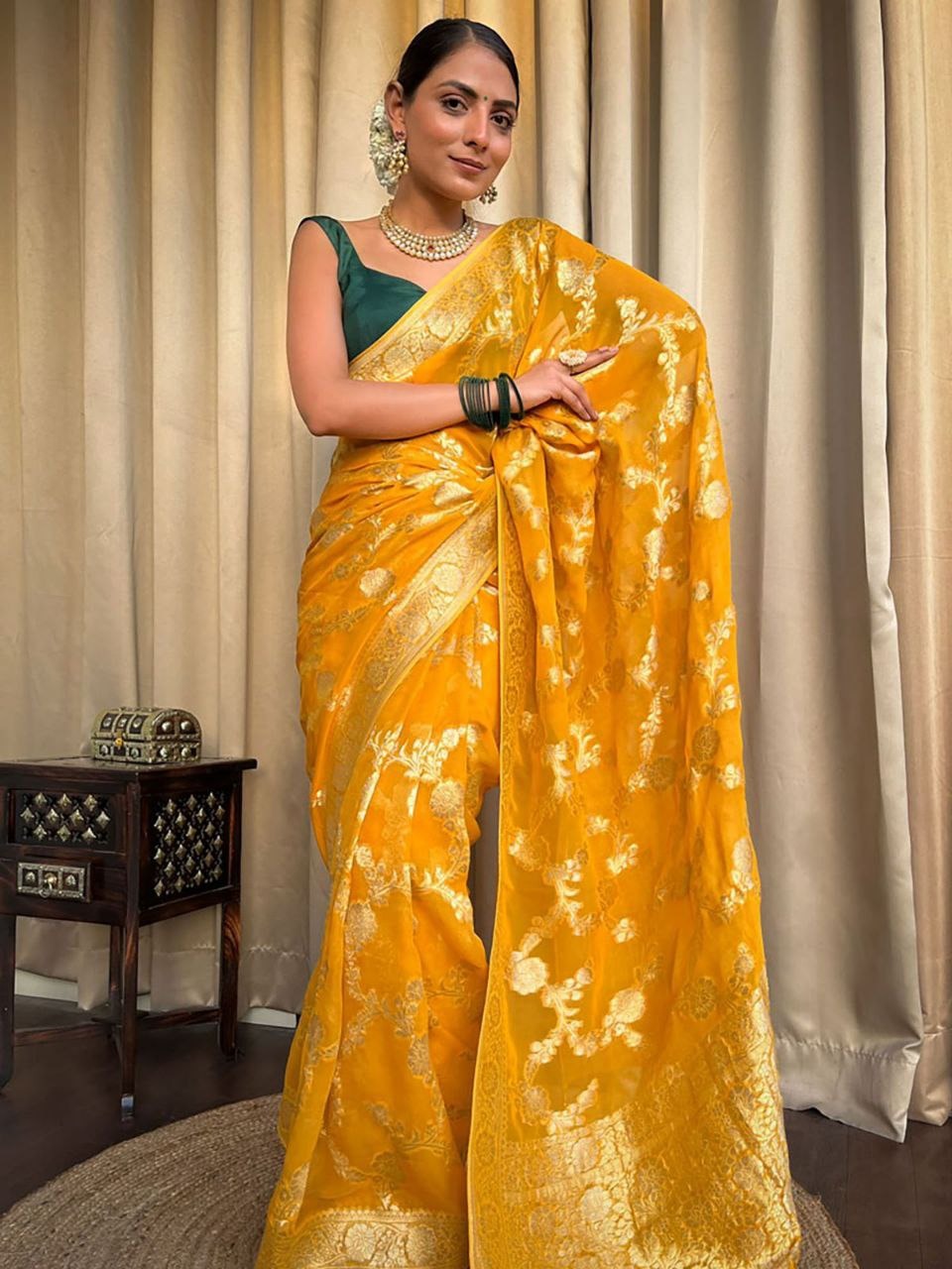 Yellow Banarasi Silk Saree With Rich Gold Zari Work for Women