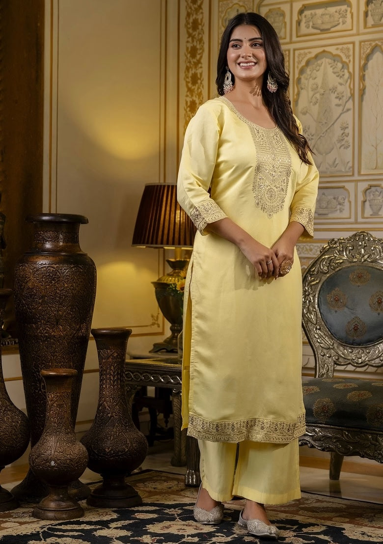 Elegant Yellow Cotton Kurti Pant Dupatta Set for Women