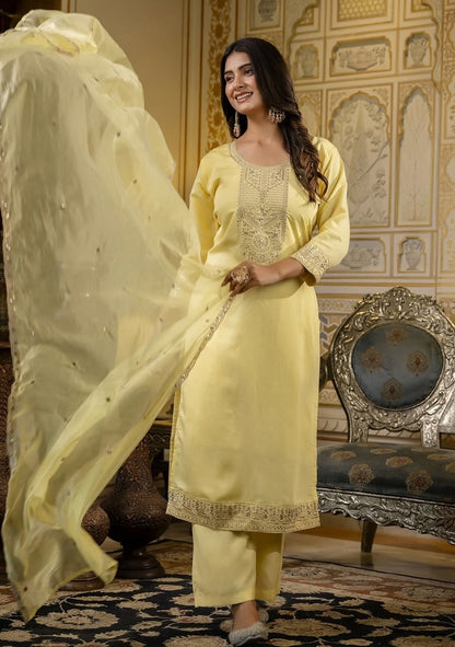 Elegant Yellow Cotton Kurti Pant Dupatta Set for Women