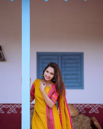 Classic Yellow Cotton Kurti Set with Woven Dupatta for Women