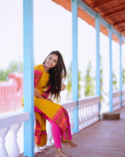 Classic Yellow Cotton Kurti Set with Woven Dupatta for Women