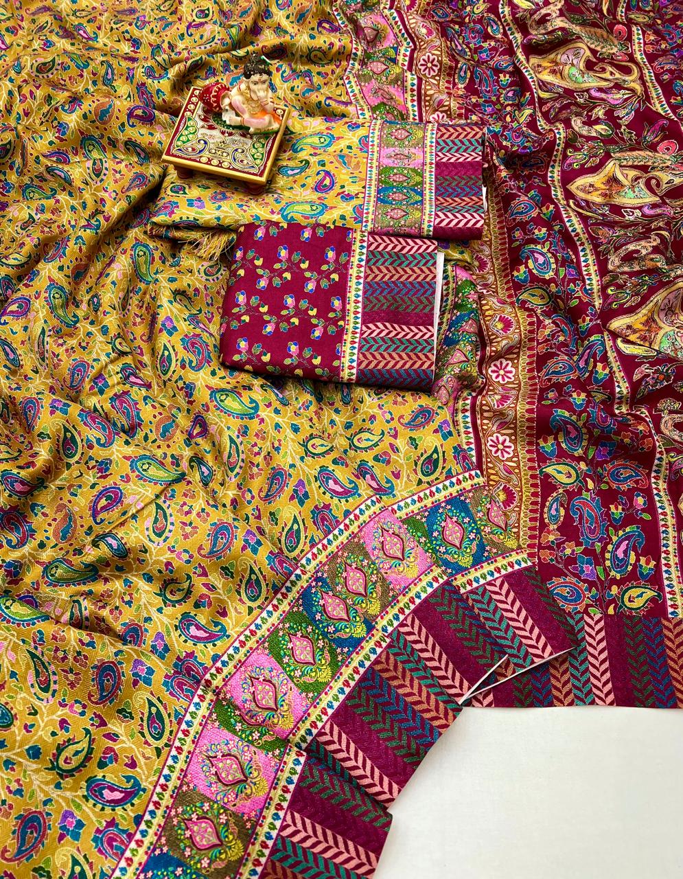 Yellow Designer Pashmina Saree With Shawl & Blouse