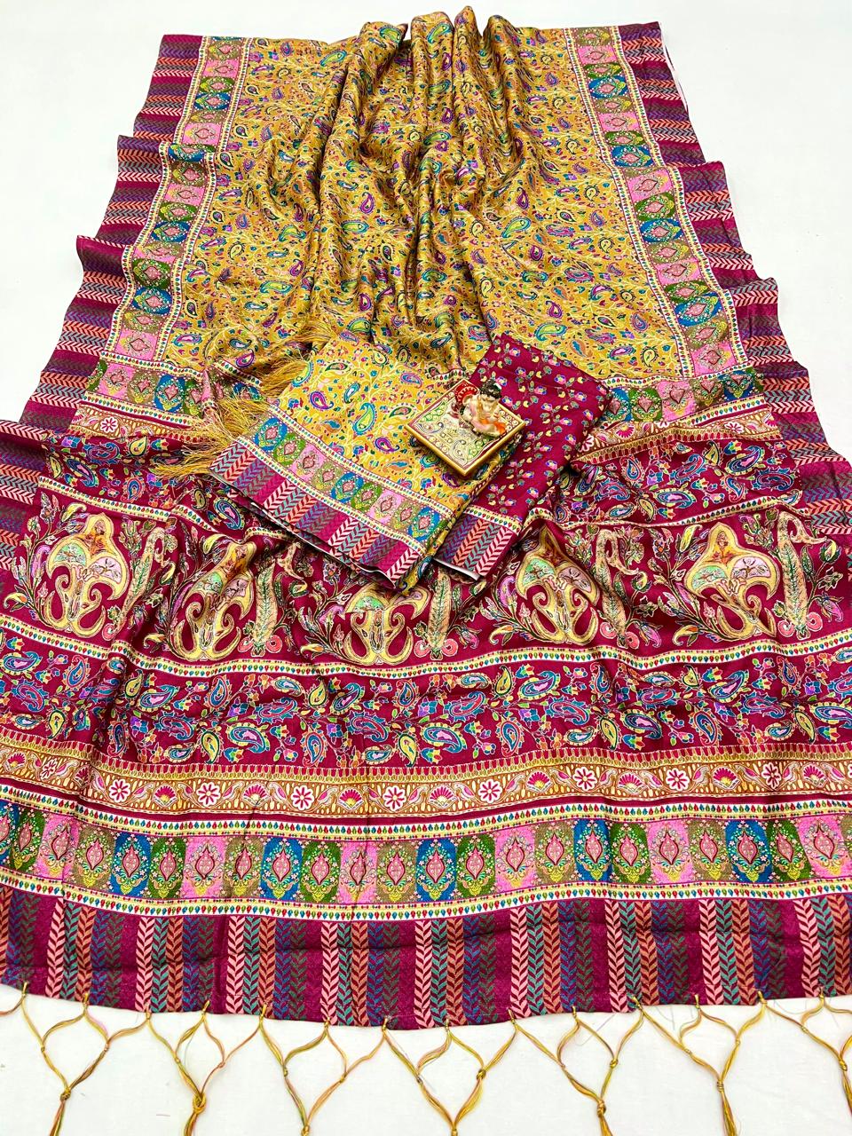 Yellow Designer Pashmina Saree With Shawl &amp; Blouse for Women