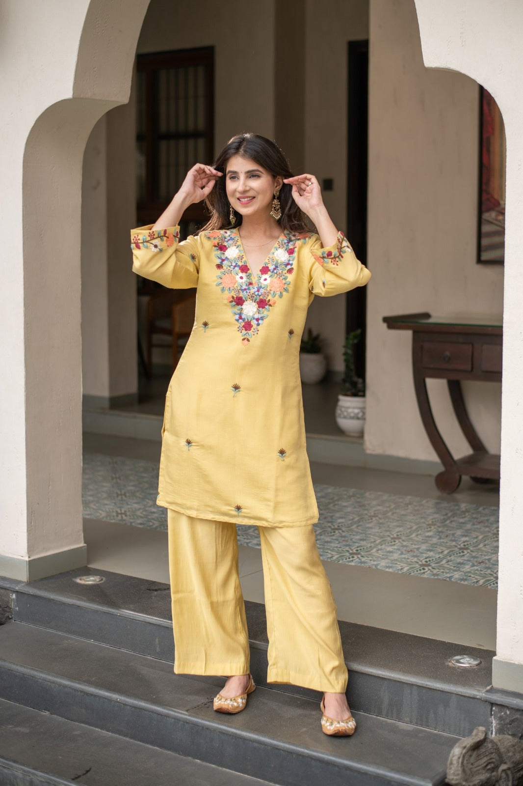 Yellow Floral Embroidered Kurti Pant Set Online