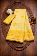 Yellow Floral Linen Cotton Saree with Designer Border