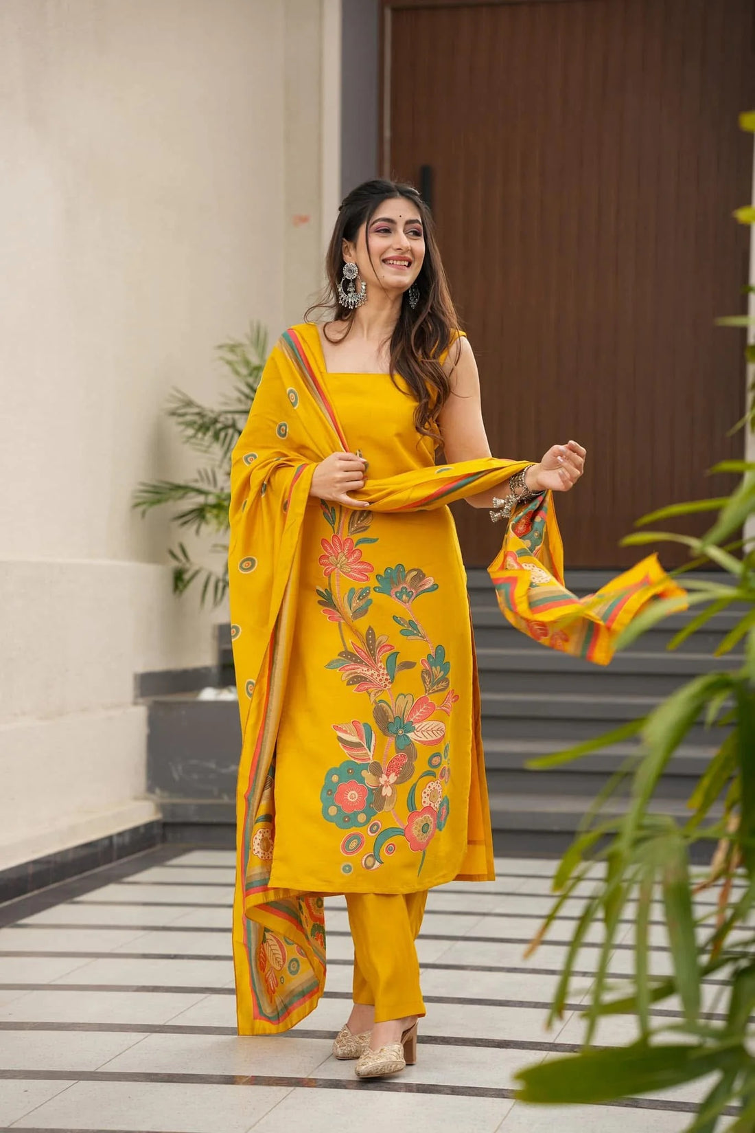 Yellow Flower Printed Salwar Suit for Women