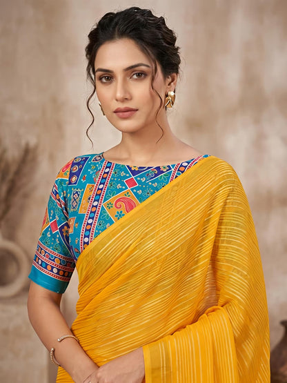 Yellow Haldi Special Georgette Saree with Zari for Women