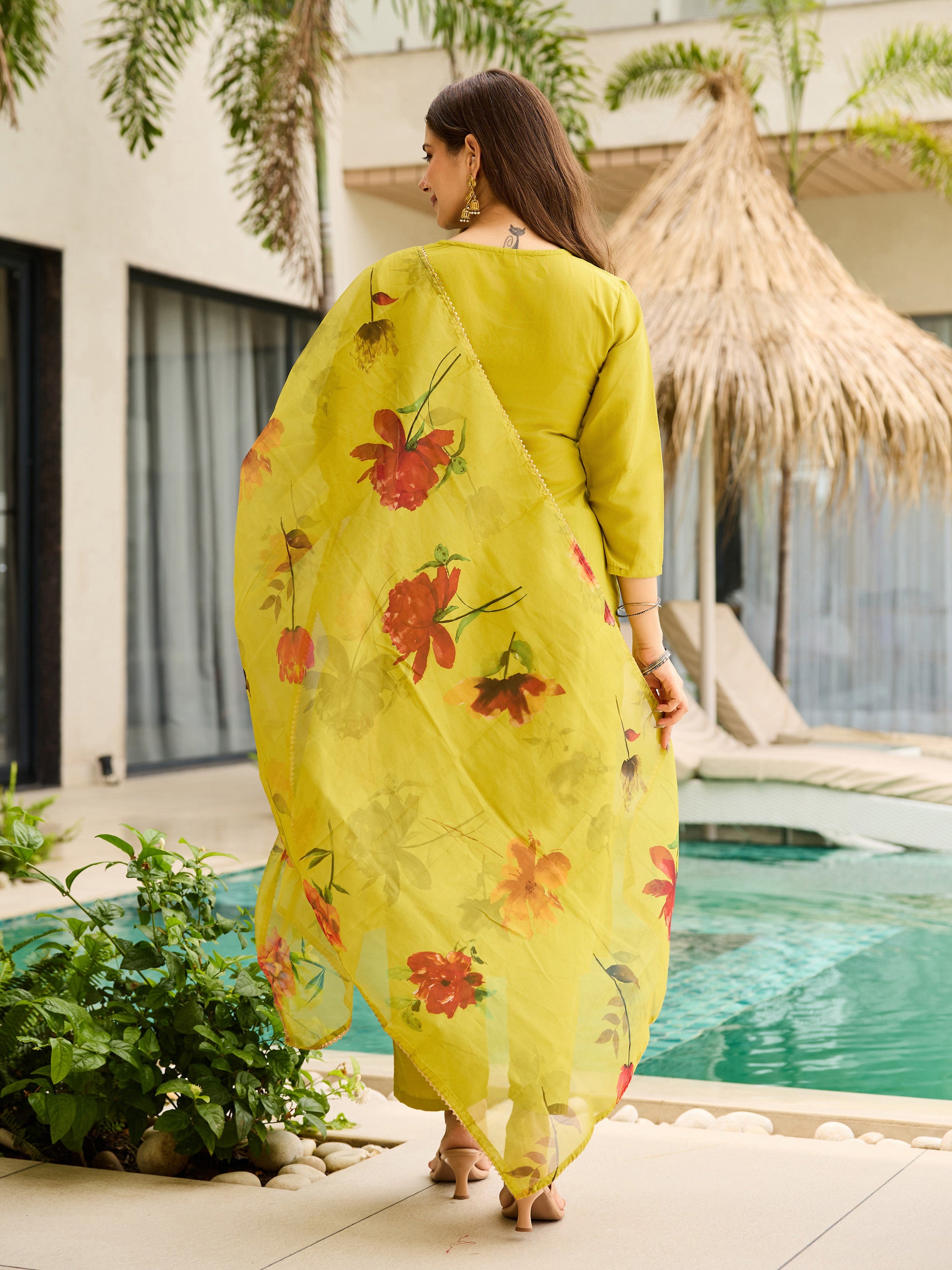 Yellow  Kurti Pant Set with Taby Dupatta