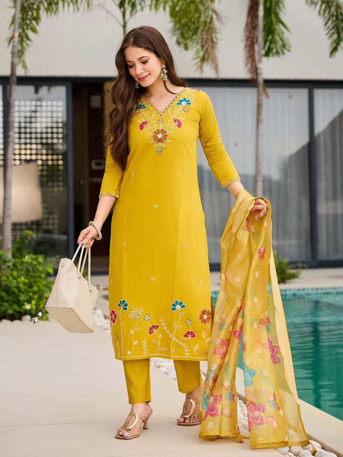 Yellow Kurti with Organza Dupatta for Women