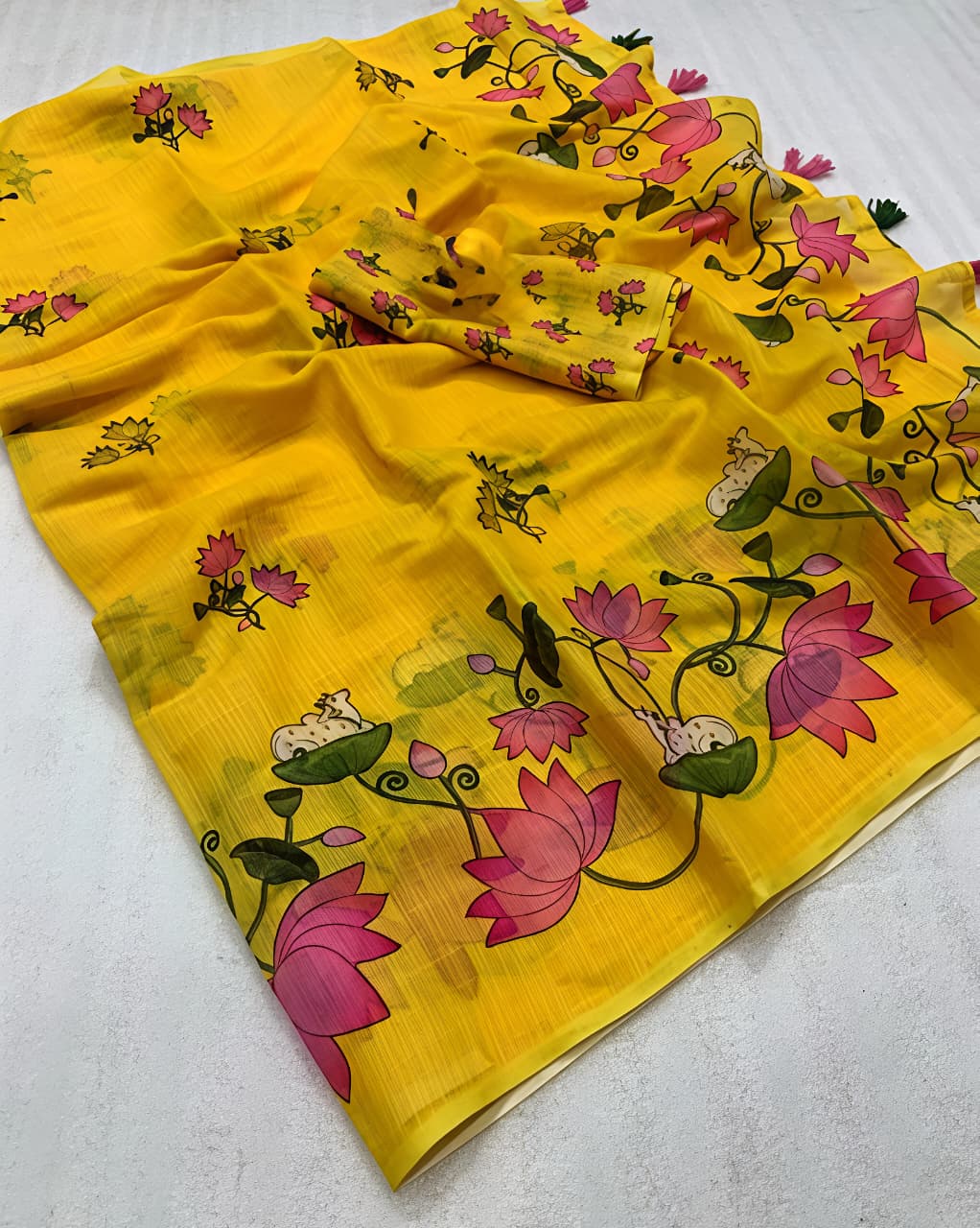 Yellow Lotus Bloom Pichwai Linen Saree for Women