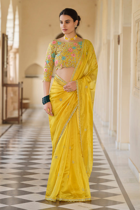 Yellow Organza Embroidered Saree with Unstitched Net Blouse