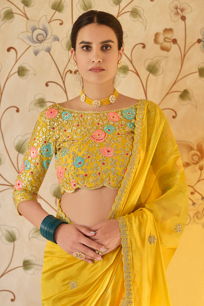 Yellow Organza Embroidered Saree with Unstitched Net Blouse for Women