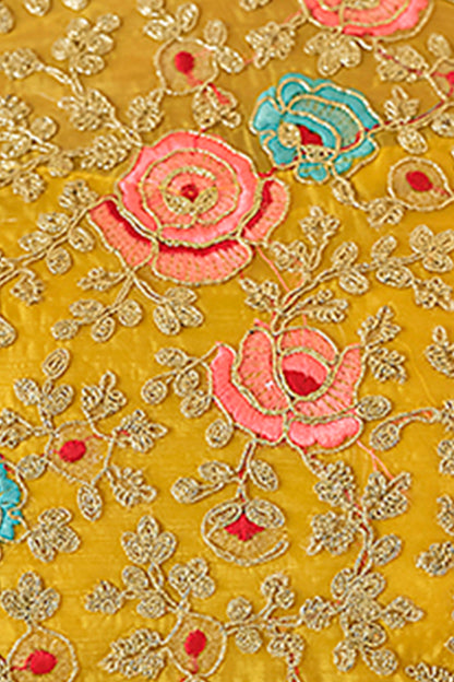 Yellow Organza Embroidered Saree with Unstitched Net Blouse for Women