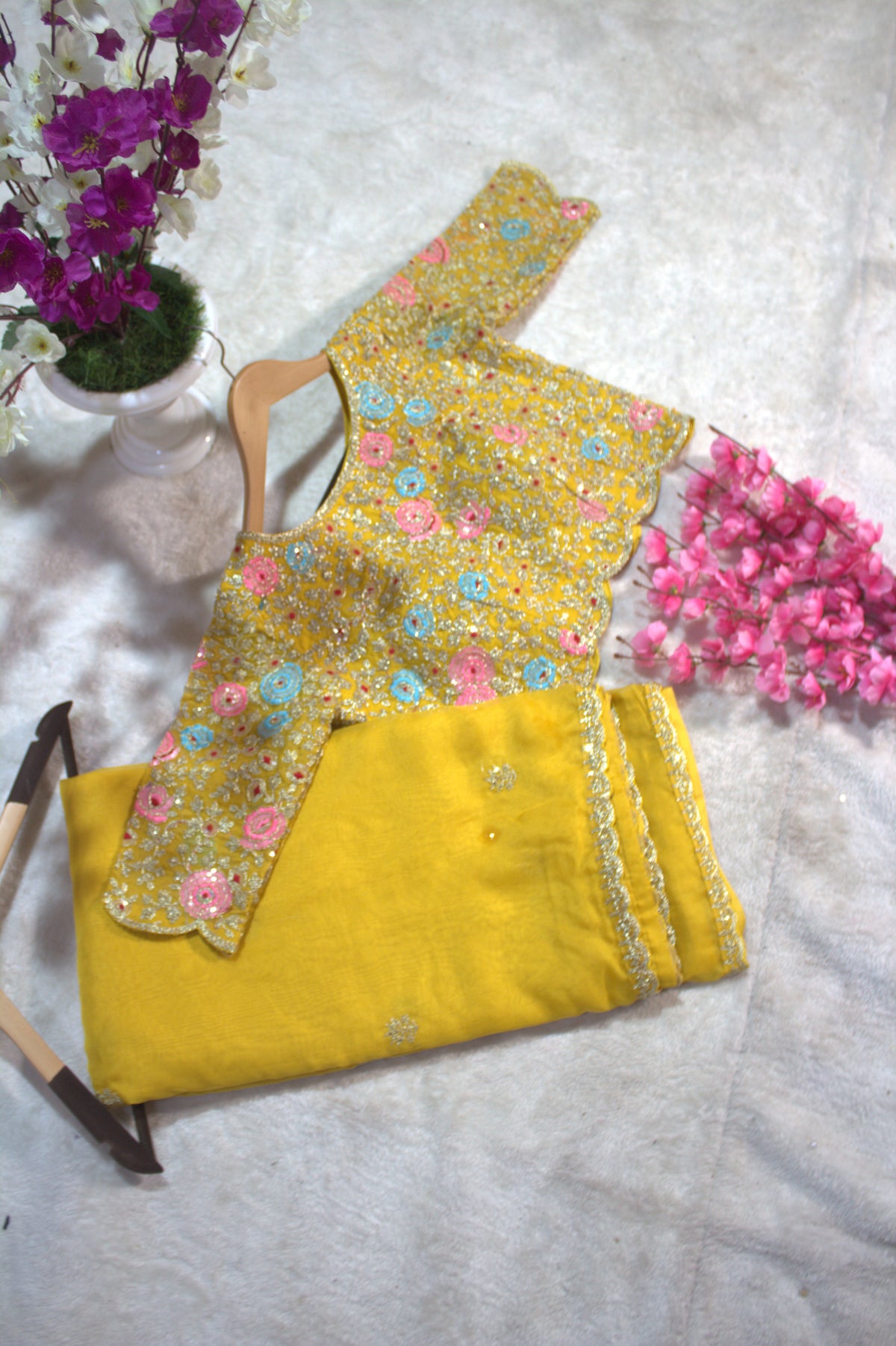 Yellow Organza Embroidered Saree with Unstitched Net Blouse for Women
