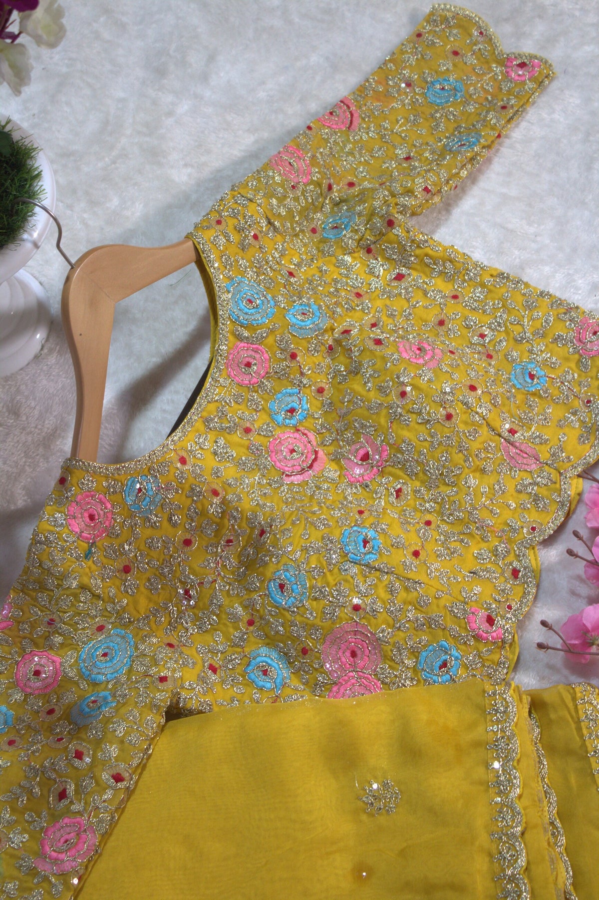 Yellow Organza Embroidered Saree with Unstitched Net Blouse for Women