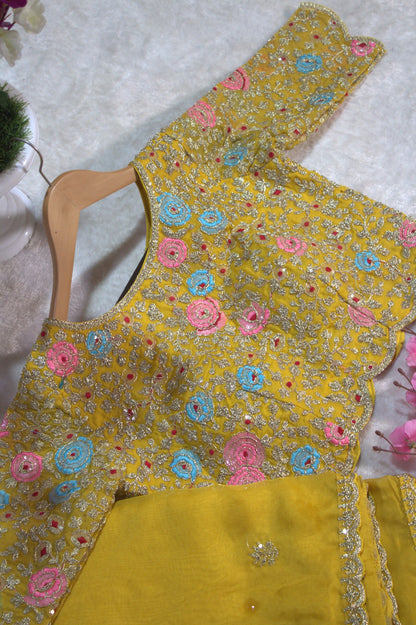 Yellow Organza Embroidered Saree with Unstitched Net Blouse for Women
