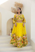 Yellow Organza Floral Embroidered Lehenga Choli with Sequins and Thread Work
