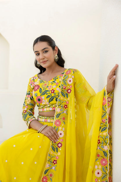 Yellow Organza Floral Embroidered Lehenga Choli with Sequins and
