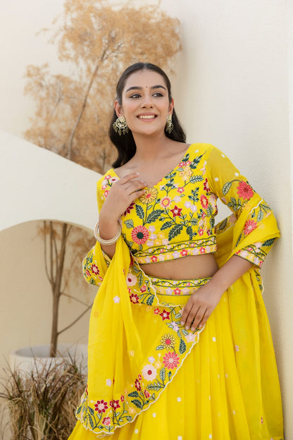 Yellow Organza Floral Embroidered Lehenga Choli with Sequins and