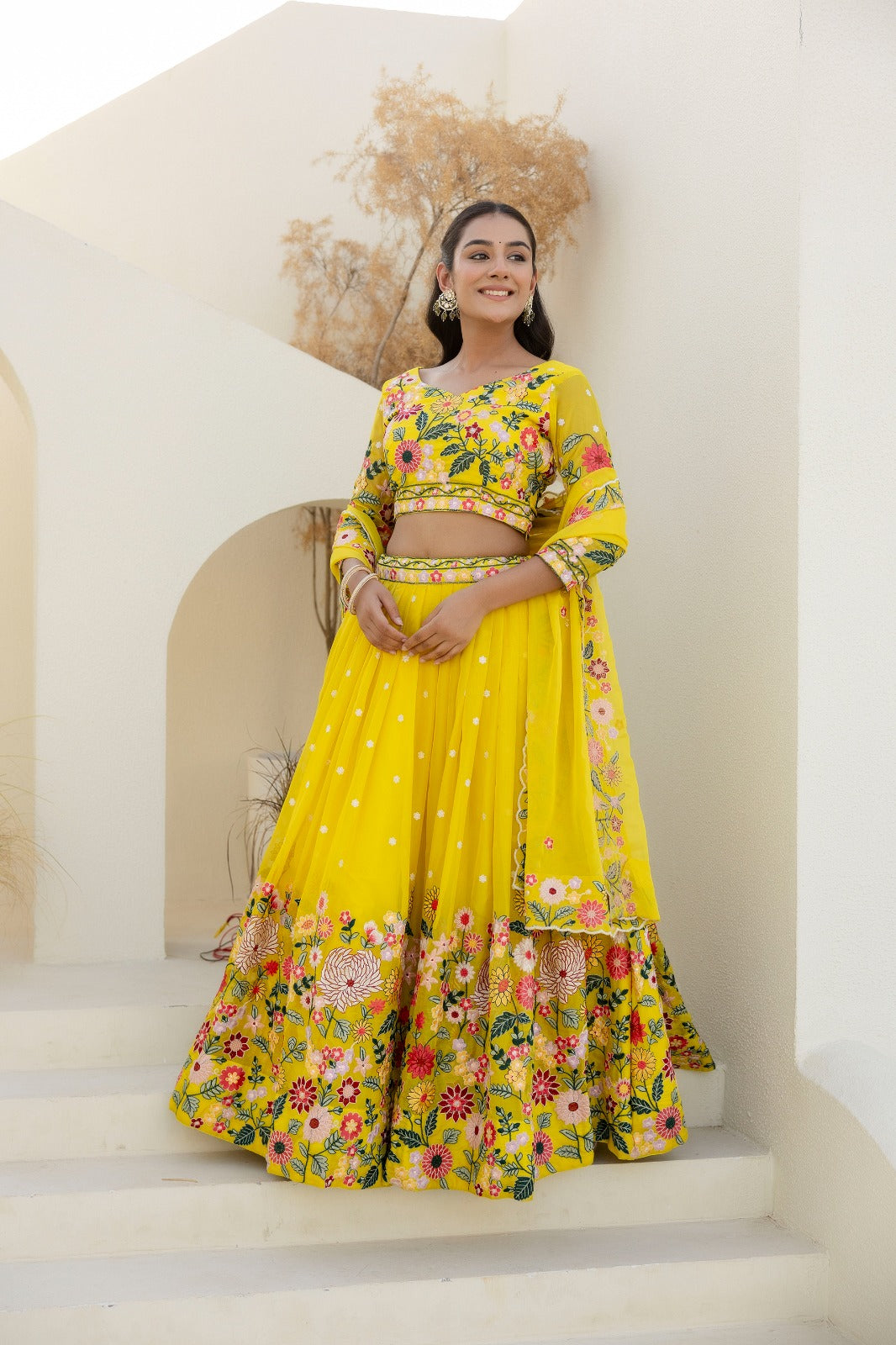 Yellow Organza Floral Embroidered Lehenga Choli with Sequins and