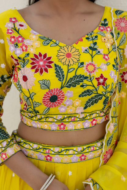 Yellow Organza Floral Embroidered Lehenga Choli with Sequins and