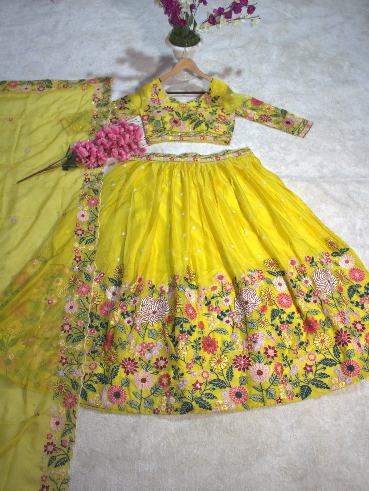 Yellow Organza Floral Embroidered Lehenga Choli with Sequins and