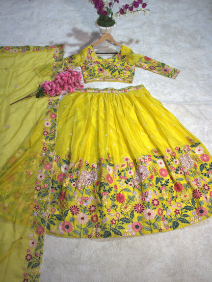 Yellow Organza Floral Embroidered Lehenga Choli with Sequins and
