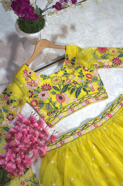 Yellow Organza Floral Embroidered Lehenga Choli with Sequins and