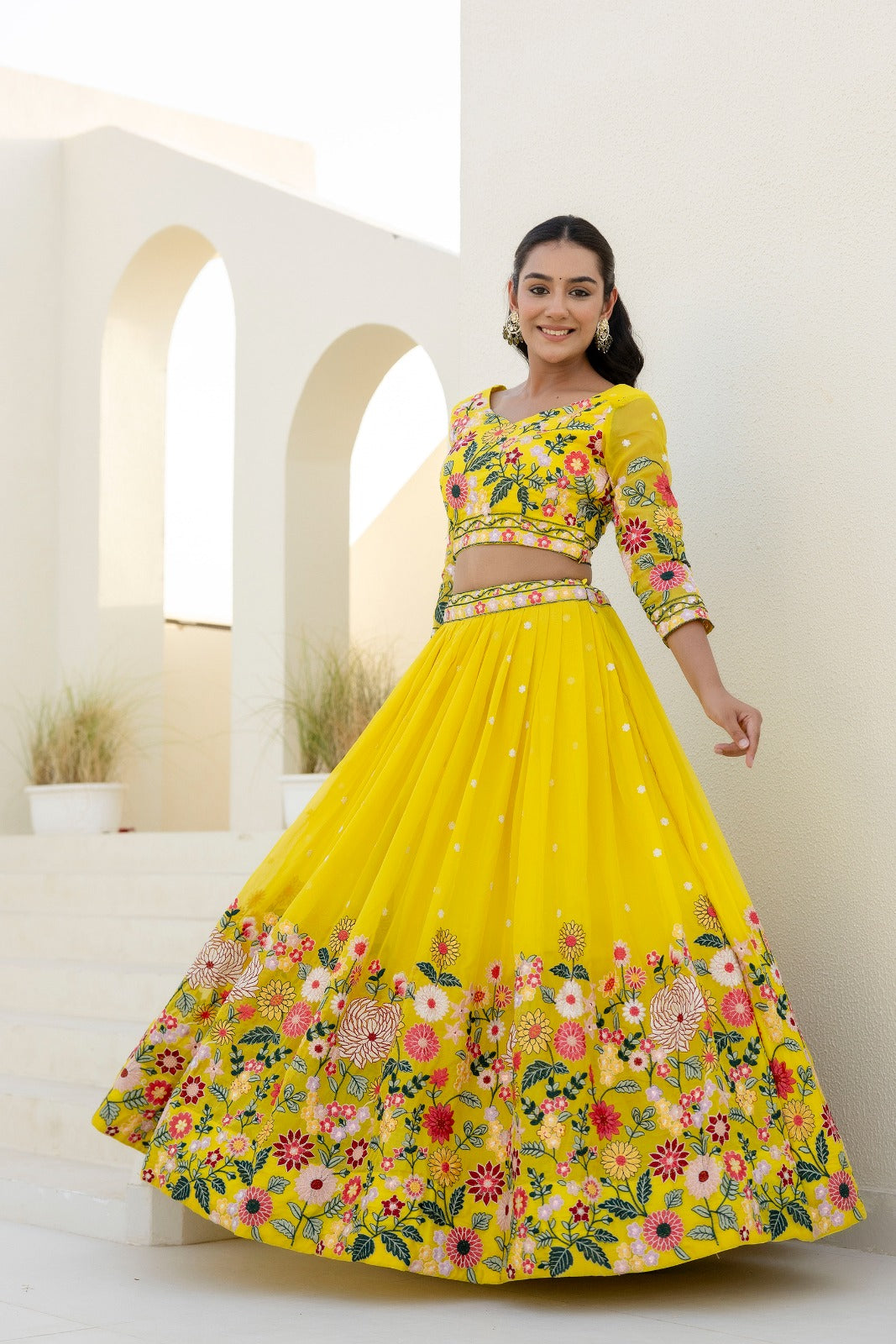 Yellow Organza Floral Embroidered Lehenga Choli with Sequins and