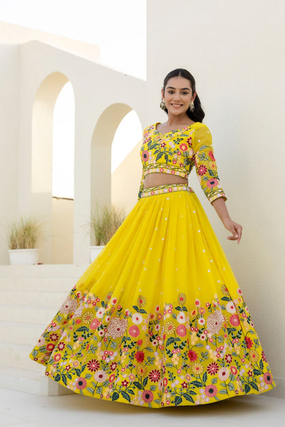Yellow Organza Floral Embroidered Lehenga Choli with Sequins and