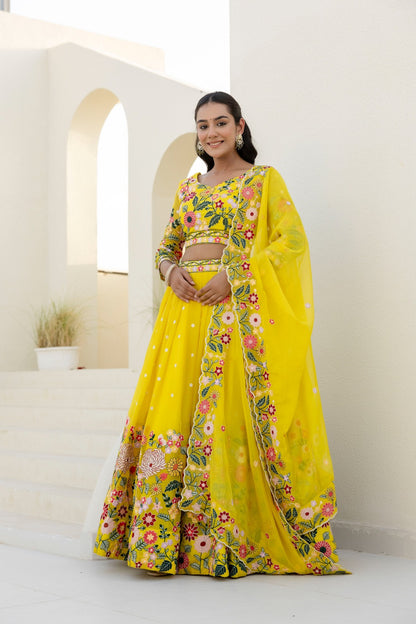 Yellow Organza Floral Embroidered Lehenga Choli with Sequins and