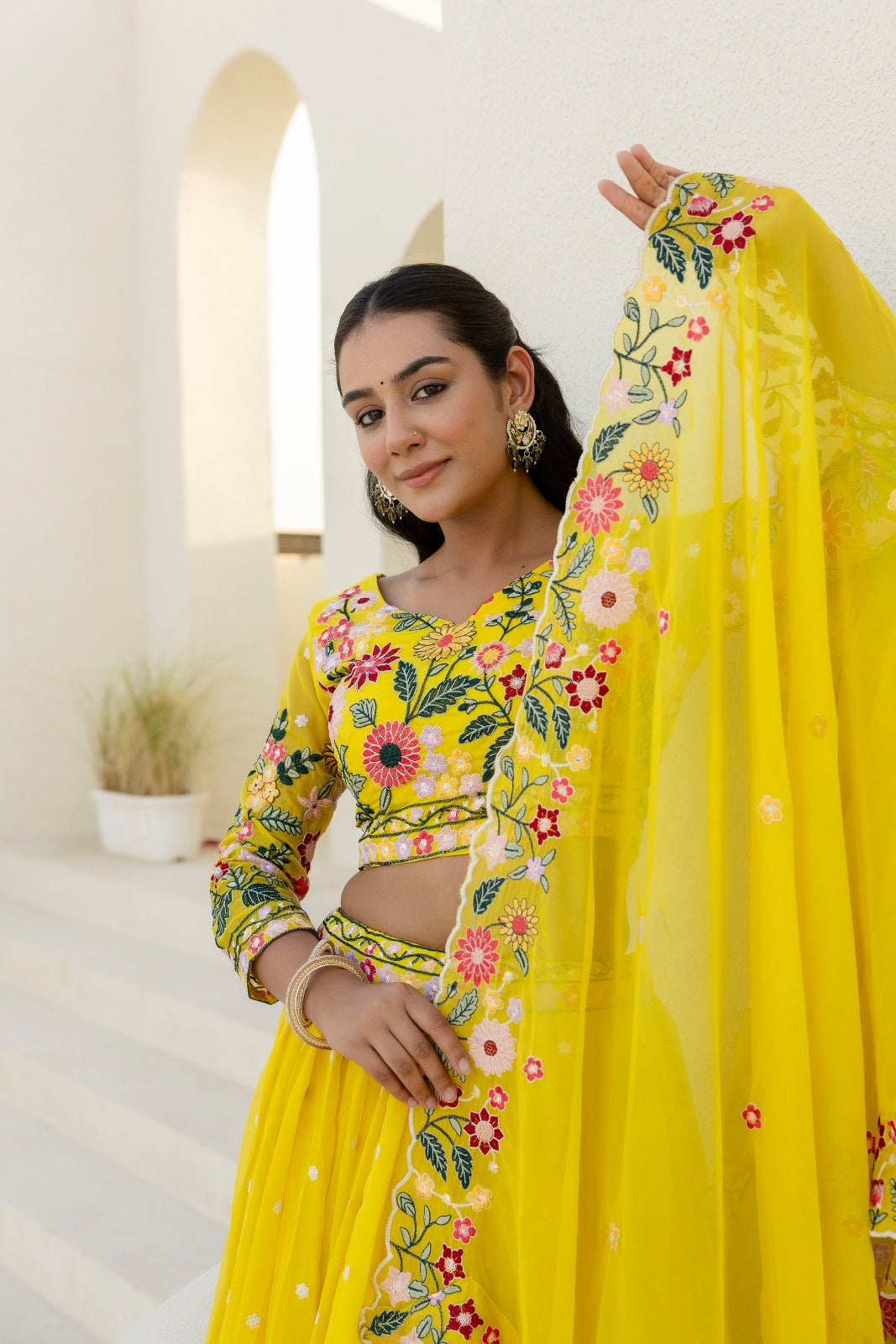 Yellow Organza Floral Embroidered Lehenga Choli with Sequins and