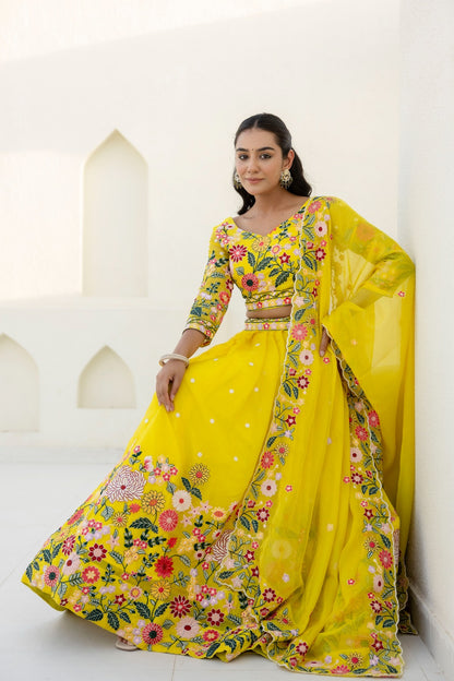 Yellow Organza Floral Embroidered Lehenga Choli with Sequins and